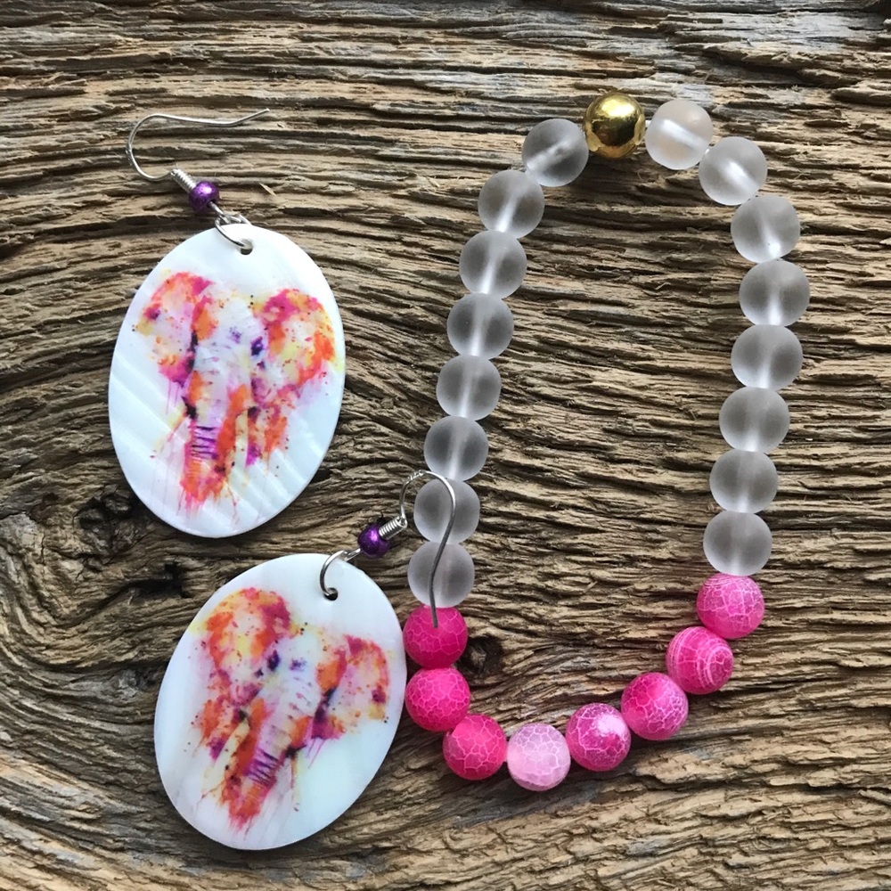 Pink watercolor elephant earrings and bracelet set